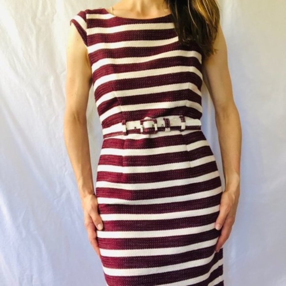 Banana Republic burgundy and cream woven stripe belted sheath dress size 0